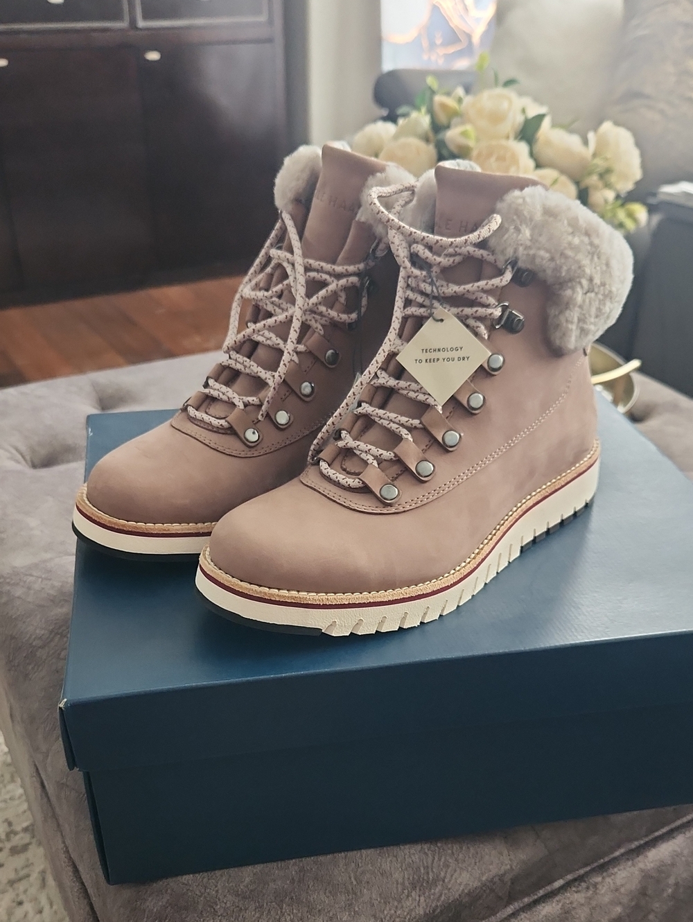Cole Haan Taupe Lace-Up Faux Fur Collar Waterproof Hiking Boots